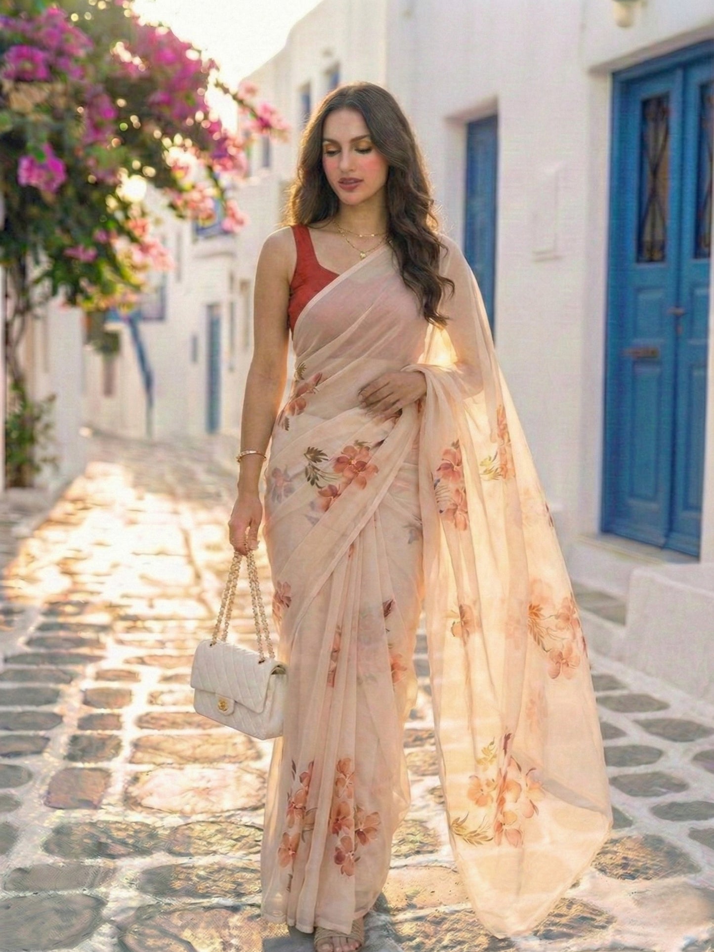 Frangipani - Beige Floral Hand Painted Pure Chiffon Saree