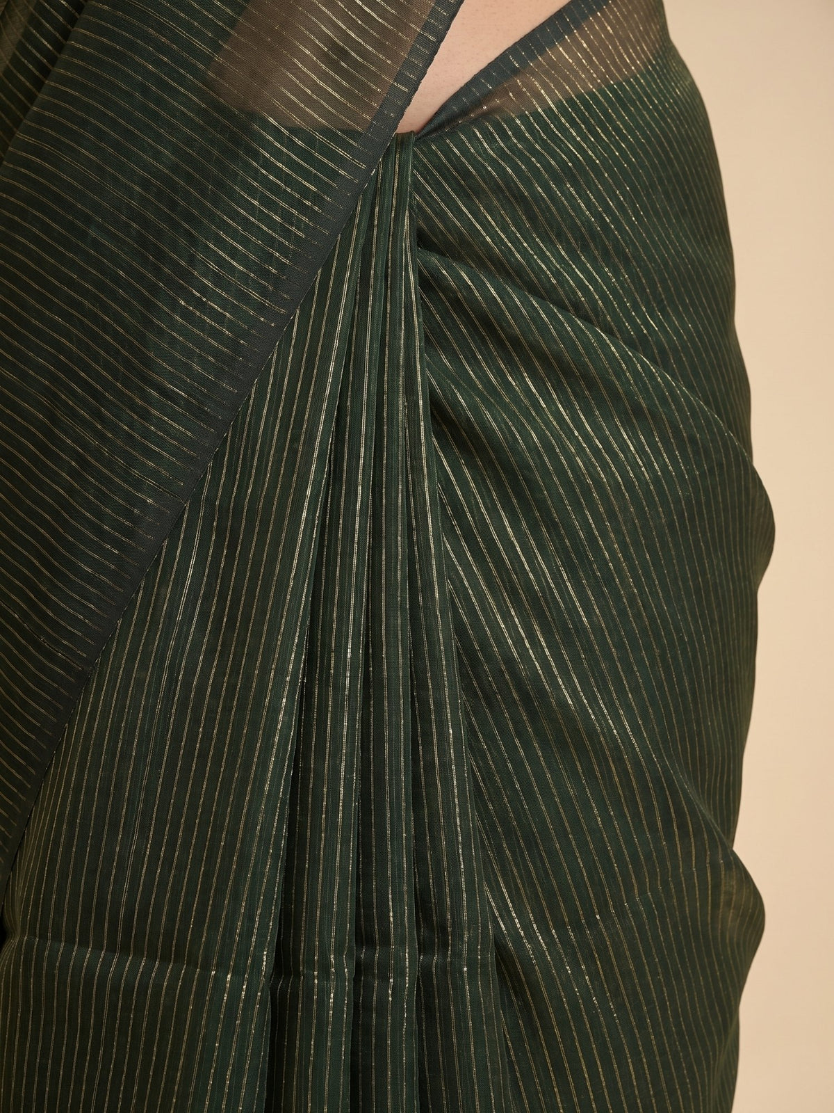 Emerald - Green Striped Mul Cotton Zari Saree