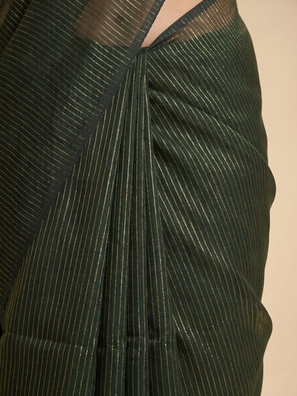 Emerald - Green Striped Mul Cotton Zari Saree