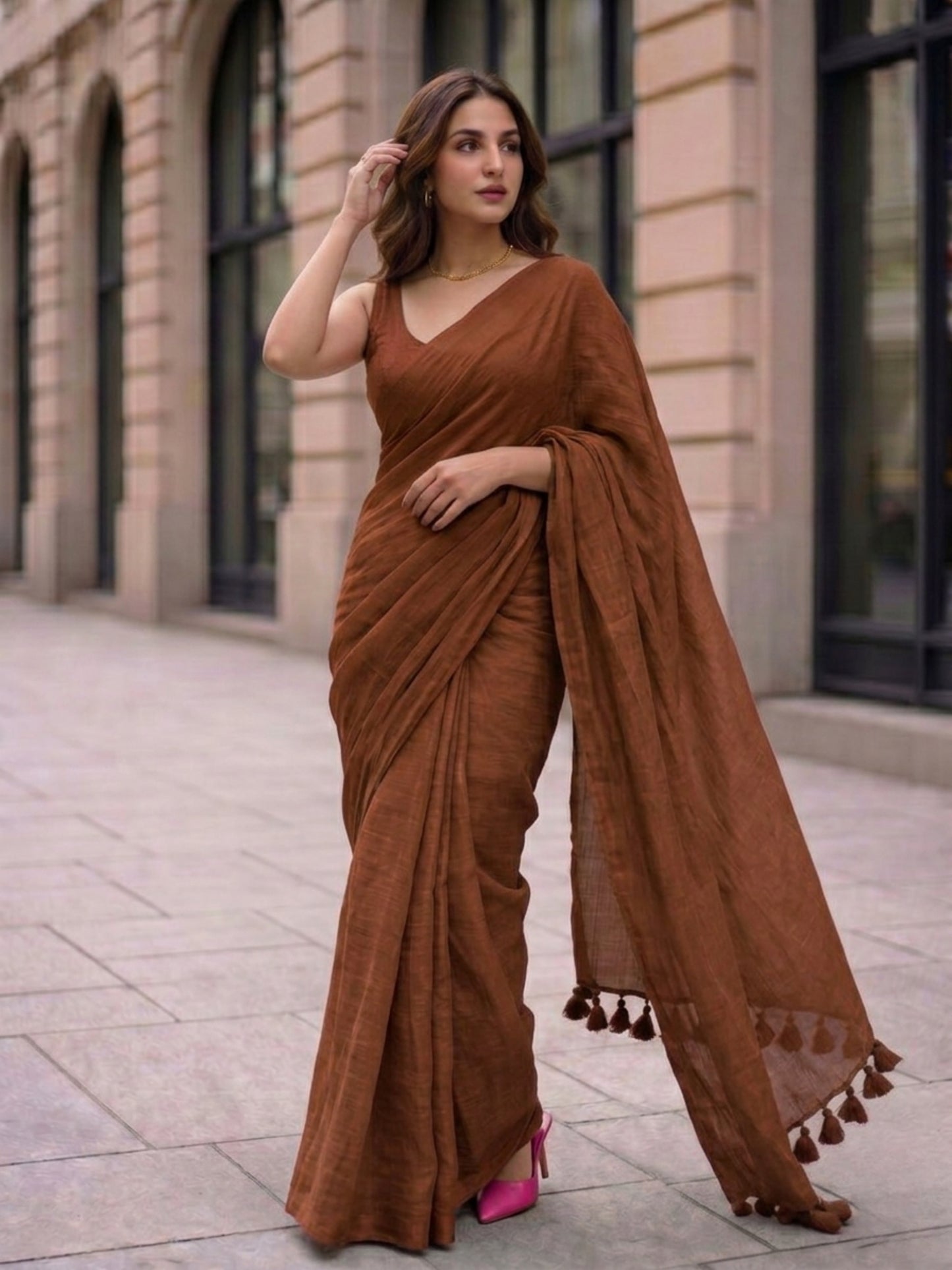 Cocoa - Plain Brown Modal Cotton Saree