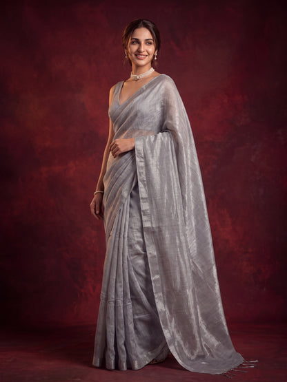 Silver - Plain Handloom Linen Tissue Saree