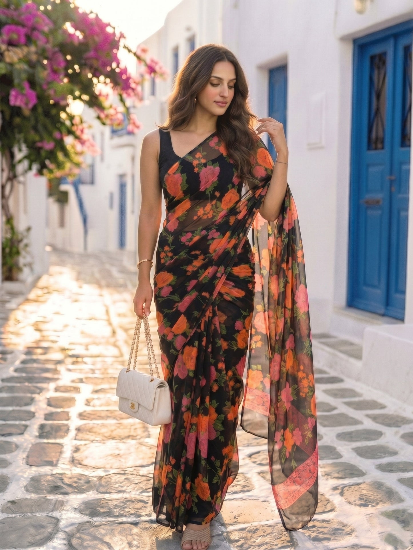 Nyra - Black Floral Print Pure Chiffon Saree