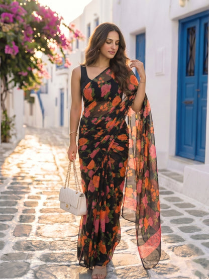 Nyra - Black Floral Print Pure Chiffon Saree