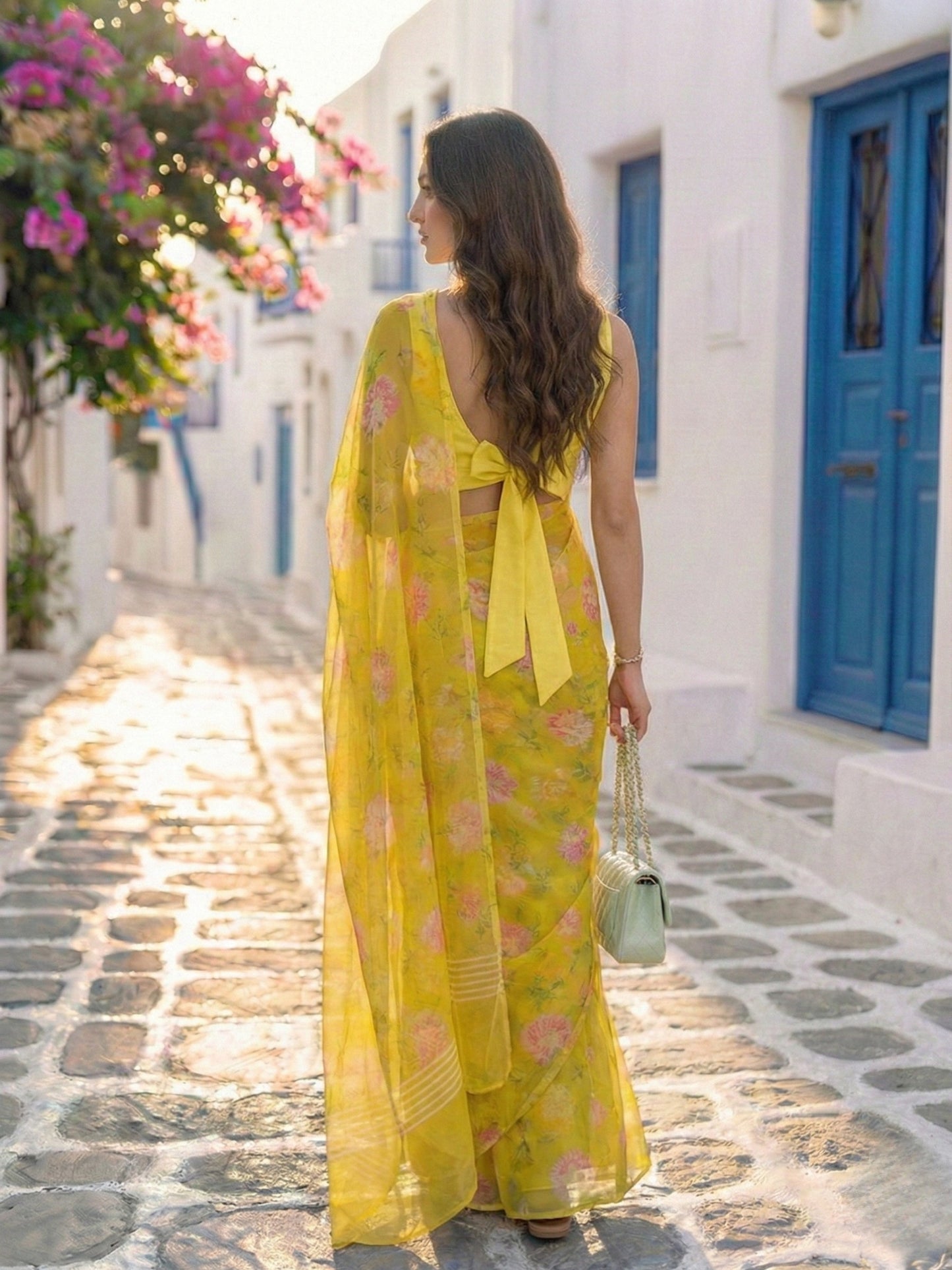 Zyra - Lime Green Floral Print Pure Chiffon Saree