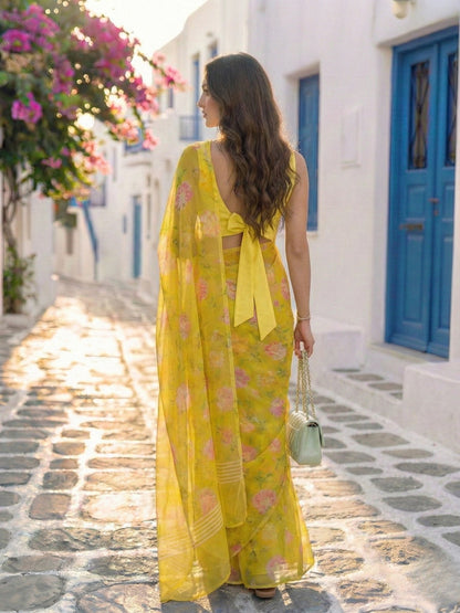 Zyra - Lime Green Floral Print Pure Chiffon Saree