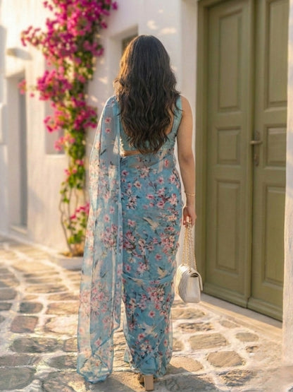 Sakura - Blue Floral Print Pure Chiffon Saree