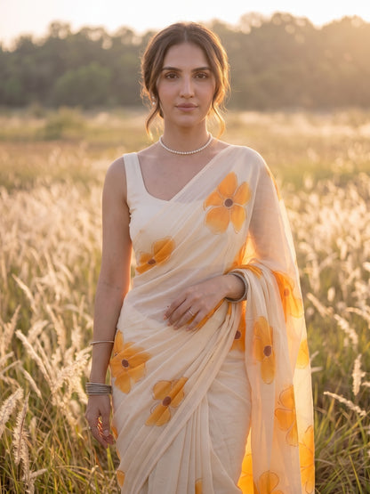 Apricot Bloom beige hand painted mul cotton saree, photo 5