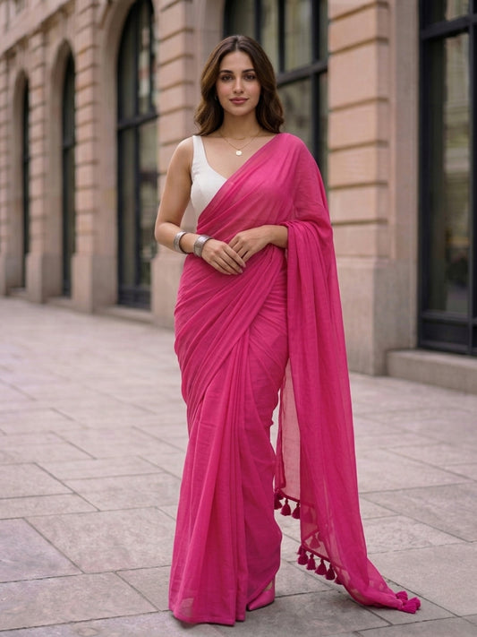 Peony - Plain Rose Pink Mul Cotton Saree