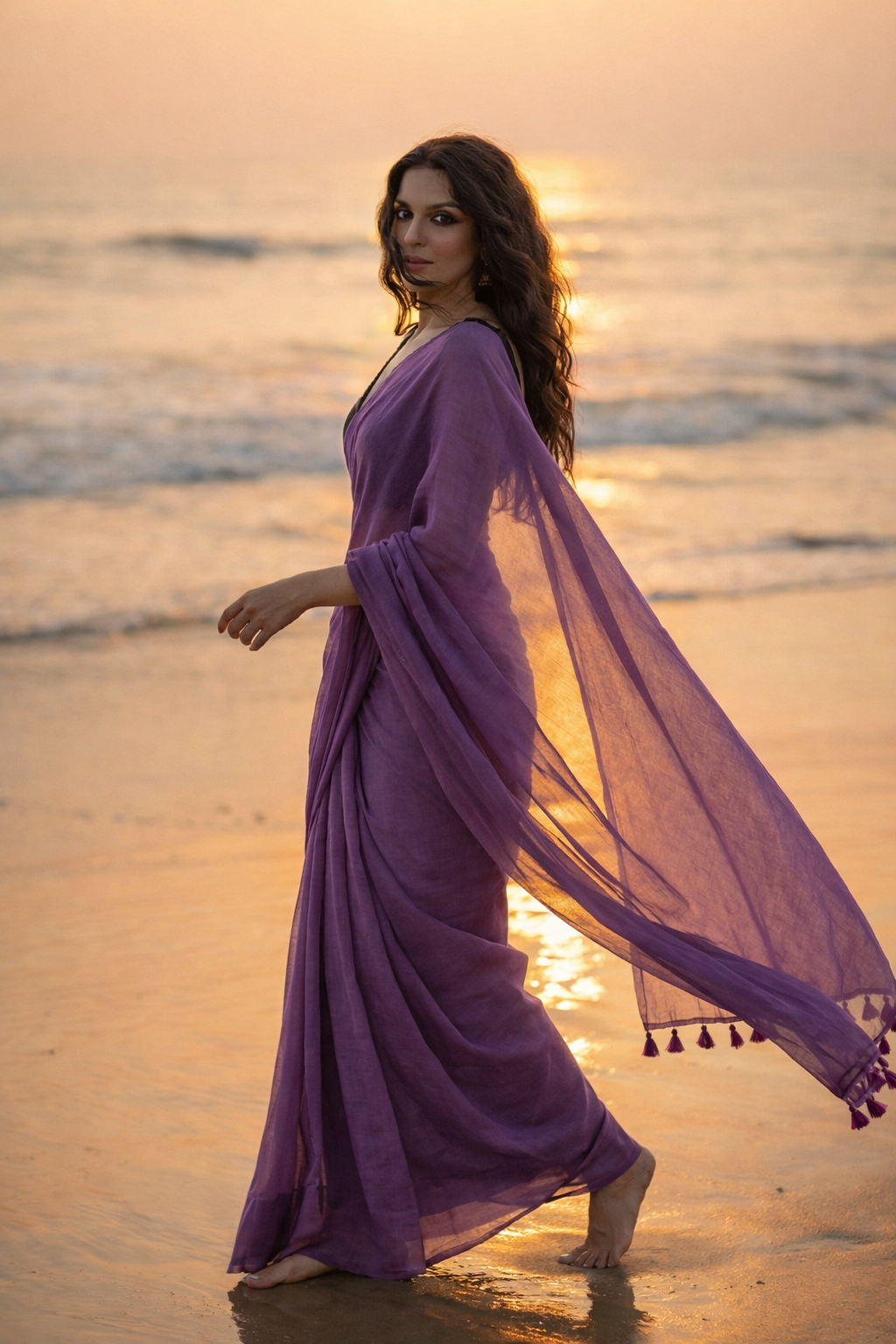 Twilight Bloom - Plain Deep Violet Mul Cotton Saree