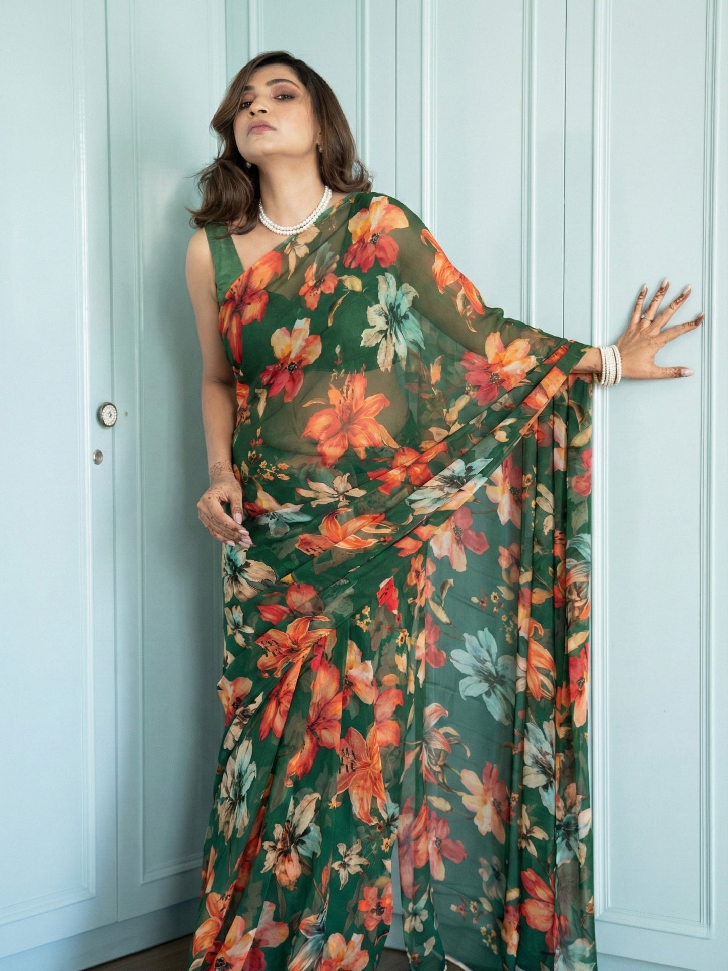 Orelia - Green Floral Print Pure Chiffon Saree