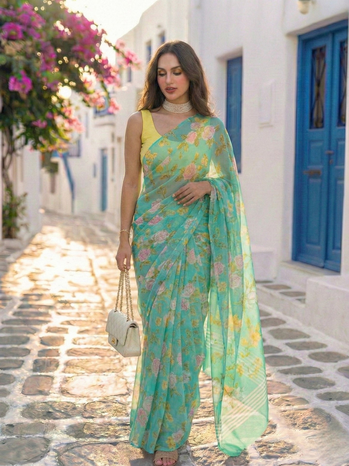 Selene - Turquoise Blue Floral Print Pure Chiffon Saree