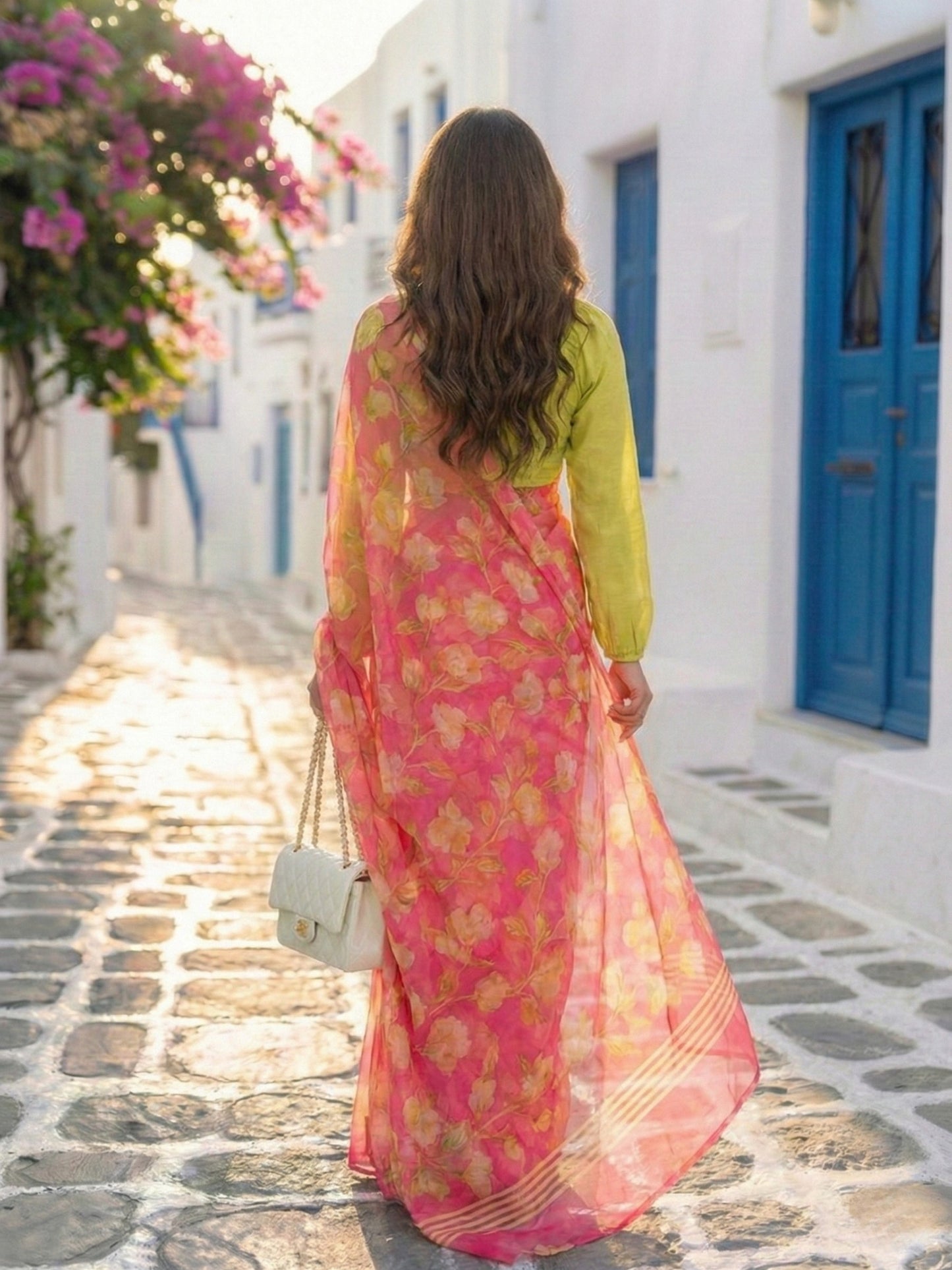 Elysia - Pink Floral Print Pure Chiffon Saree