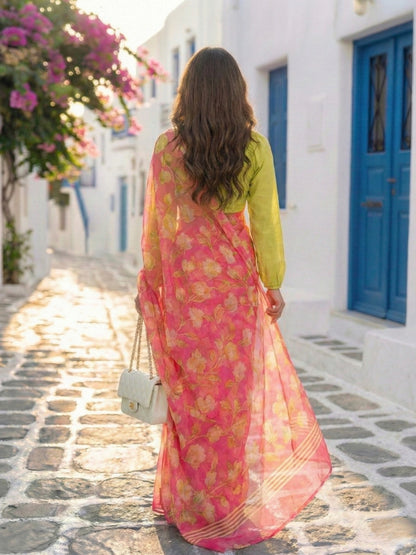 Elysia - Pink Floral Print Pure Chiffon Saree