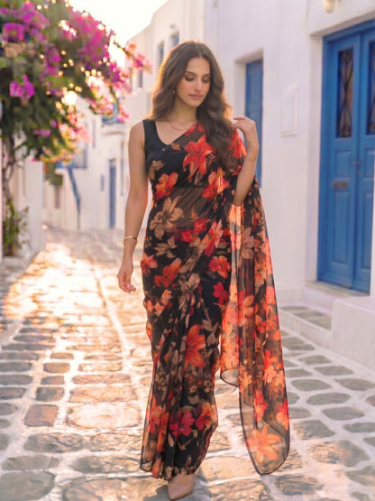 Noxana - Black Floral Print Pure Chiffon Saree