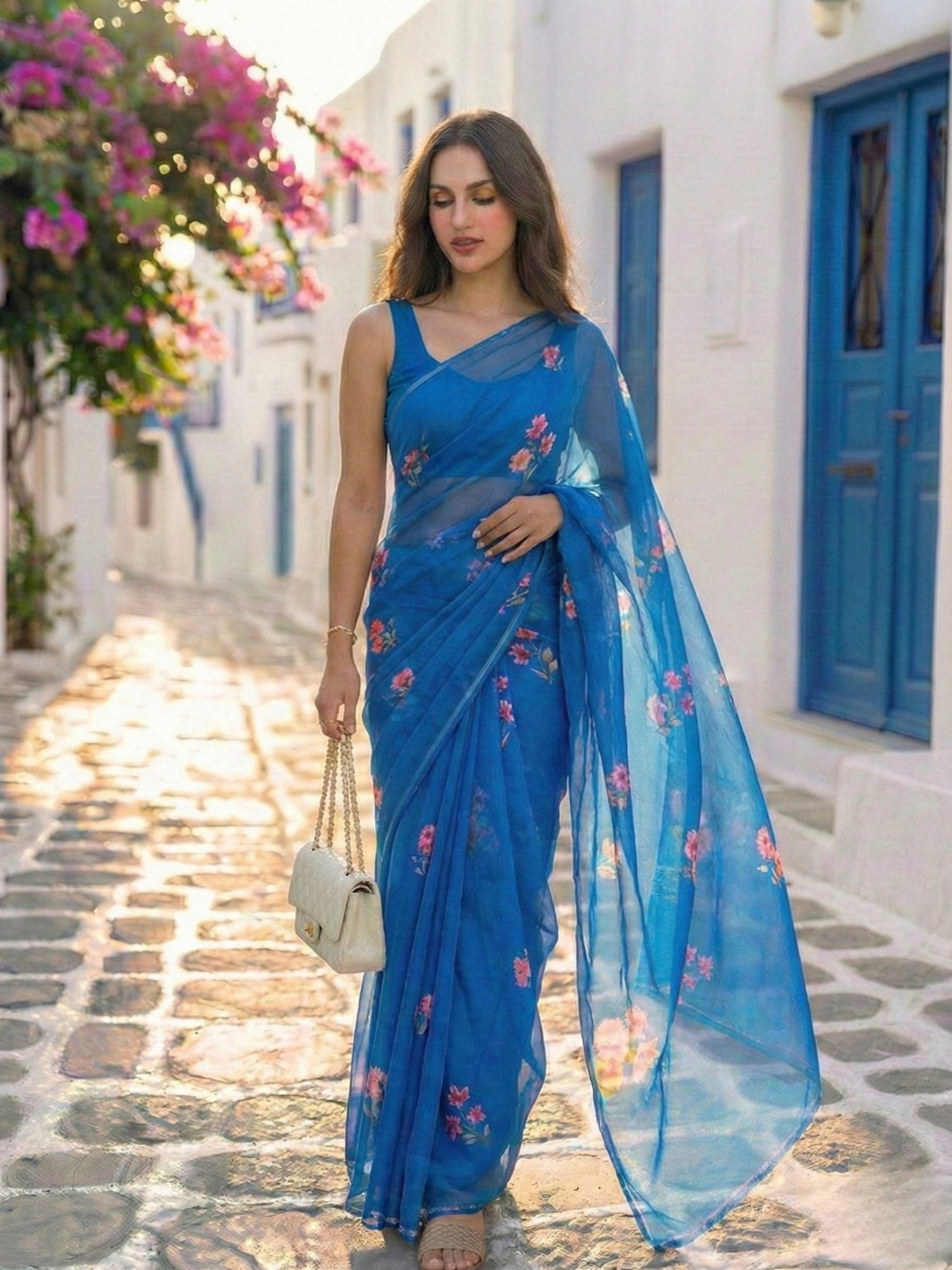 Azura - Royal Blue Floral Print Pure Chiffon Saree