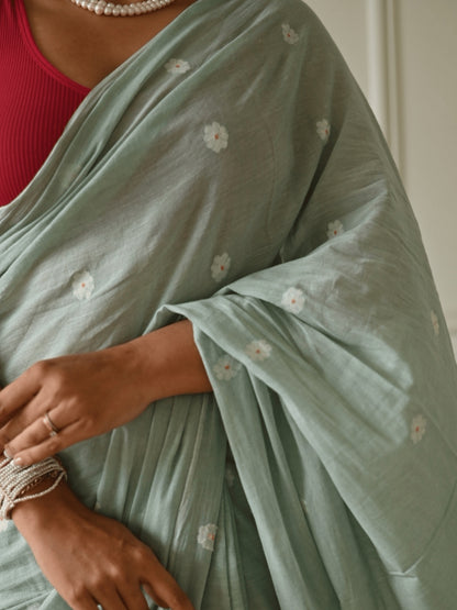 Sage - Green Floral Original Dhakai Jamdani Saree