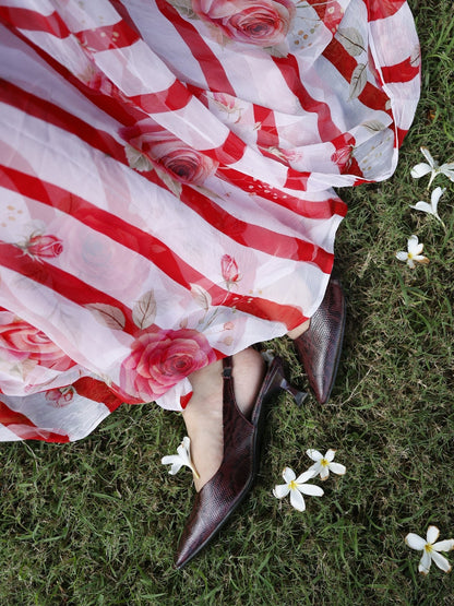 Amélie- Red Floral Print Pure Chiffon Partywear Saree