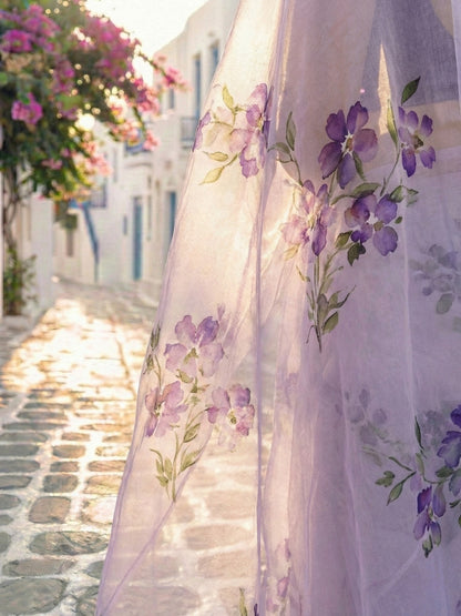 European Viola - Violet Floral Hand Painted Pure Chiffon Saree