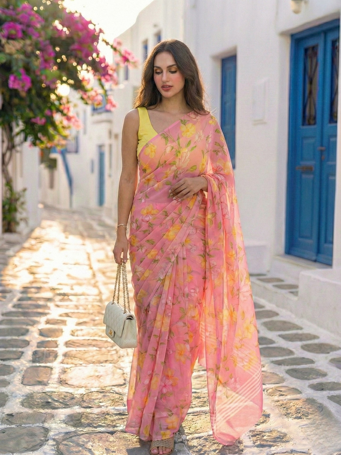 Roselle - Pink Floral Print Pure Chiffon Saree