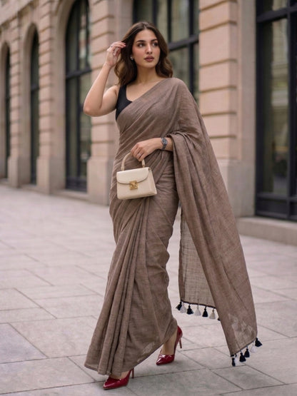 Toasted Almond - Plain Taupe Brown Mul Cotton Saree