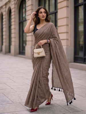 Toasted Almond - Plain Taupe Brown Mul Cotton Saree
