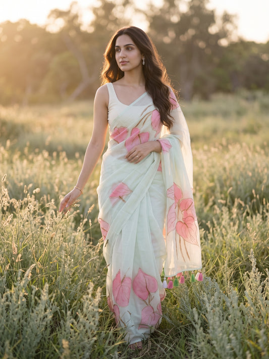 Anthuria - Mint Green Handpainted Mulmul Cotton Saree