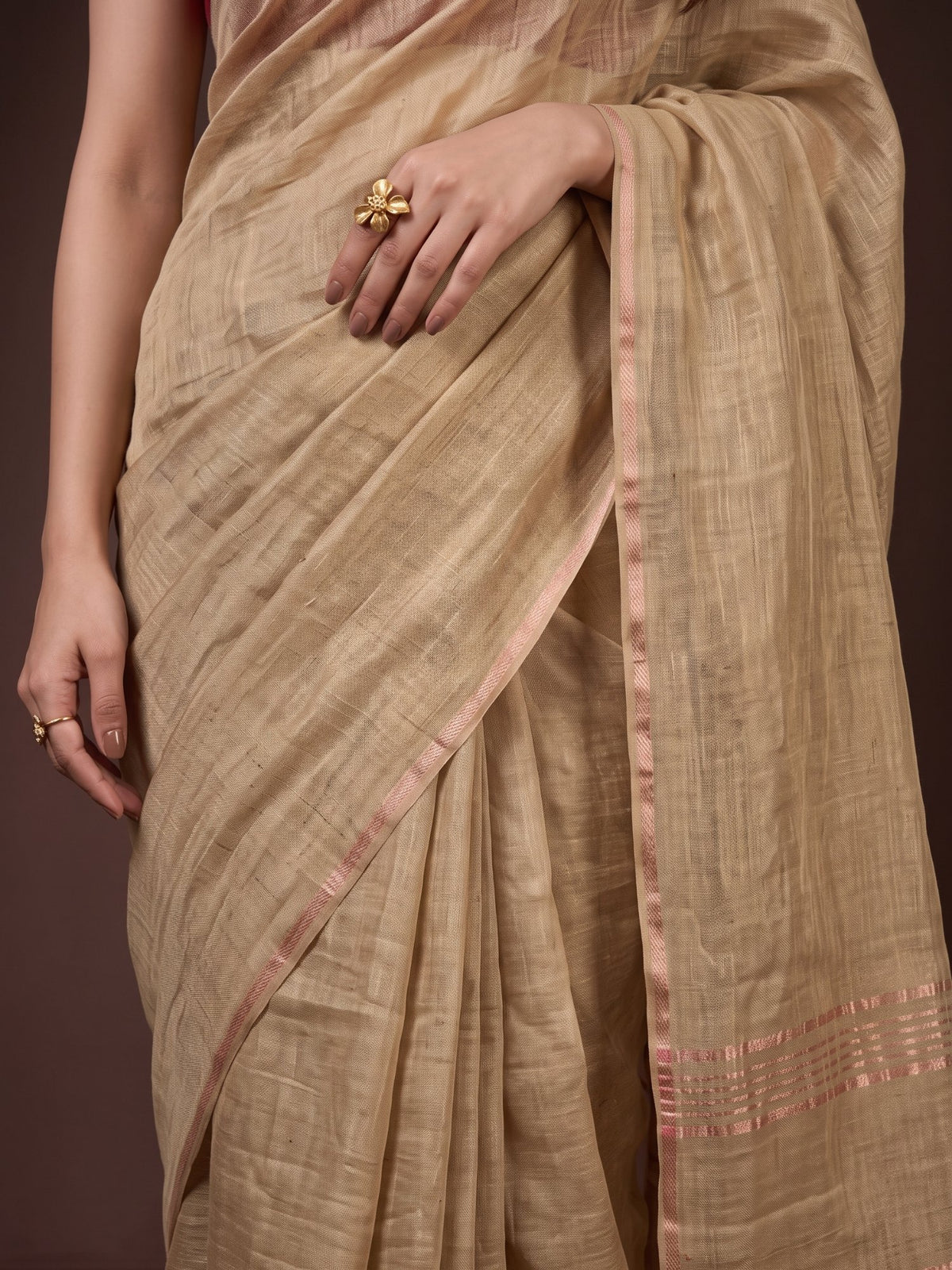 Beige - Pure Handloom Linen Saree with Zari Border