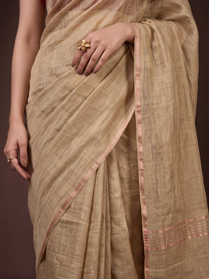 Beige - Pure Handloom Linen Saree with Zari Border