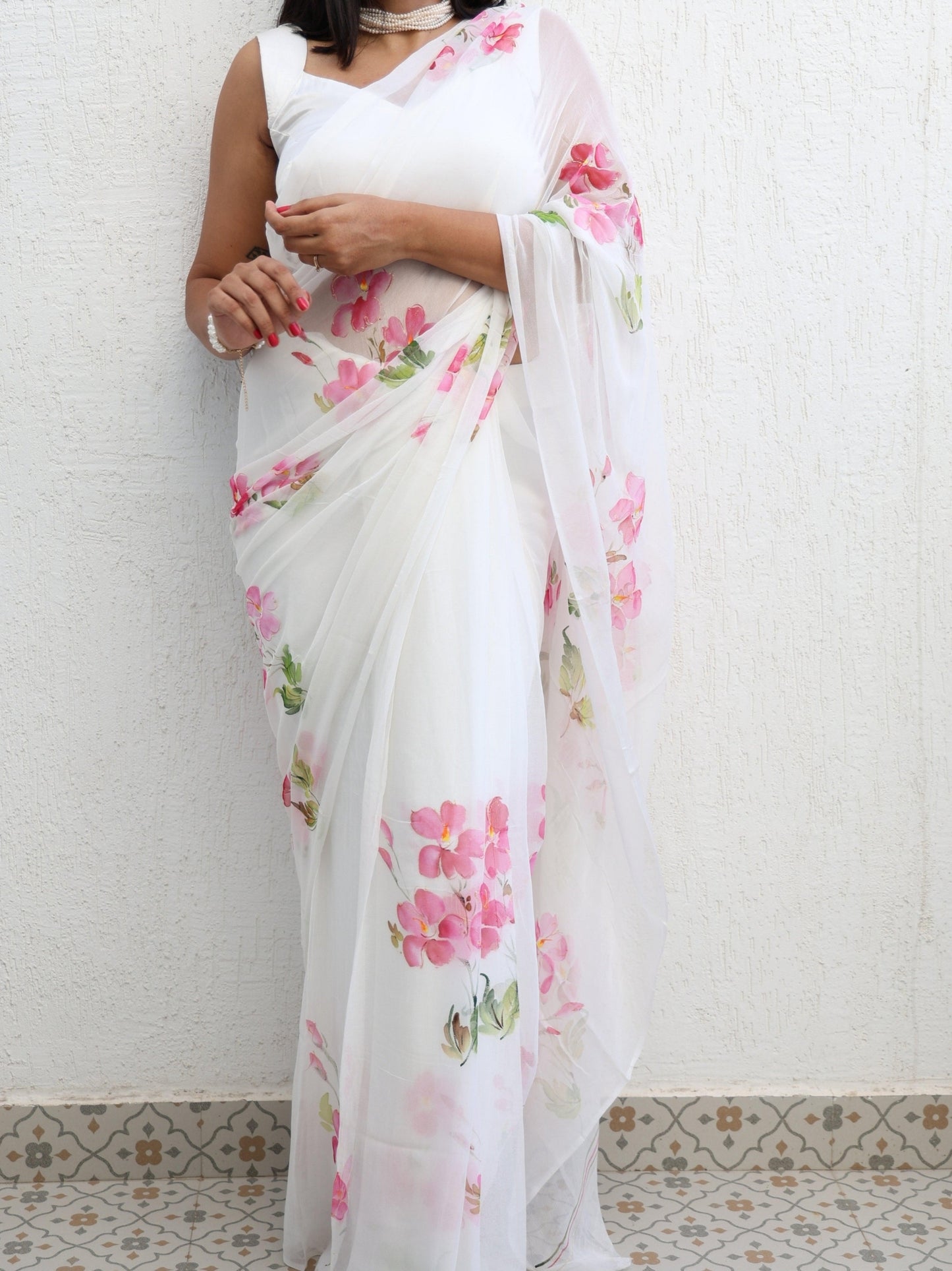 English Primrose - White Floral Hand Painted Pure Chiffon Saree