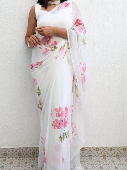 English Primrose - White Floral Hand Painted Pure Chiffon Saree