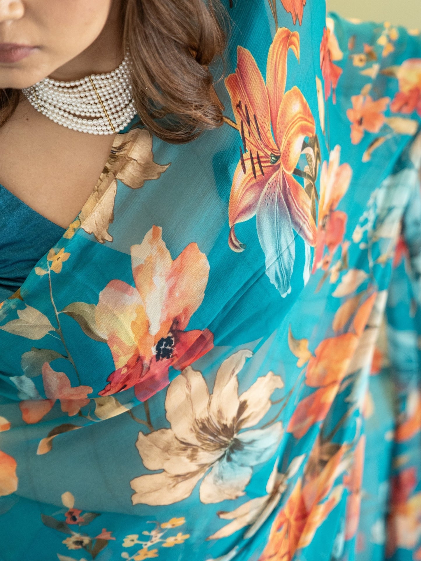 Veyona - Blue Floral Print Pure Chiffon Saree