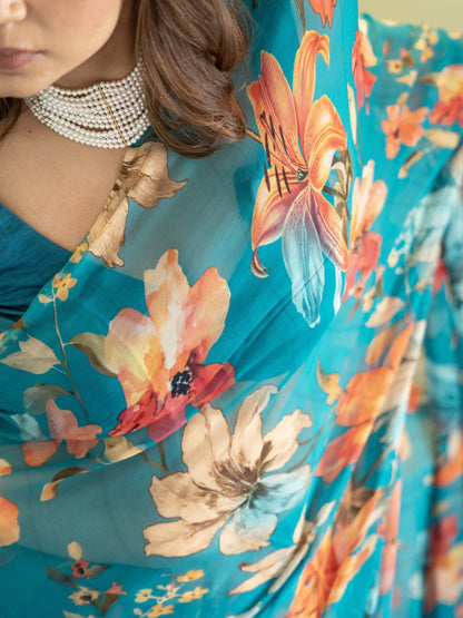 Veyona - Blue Floral Print Pure Chiffon Saree