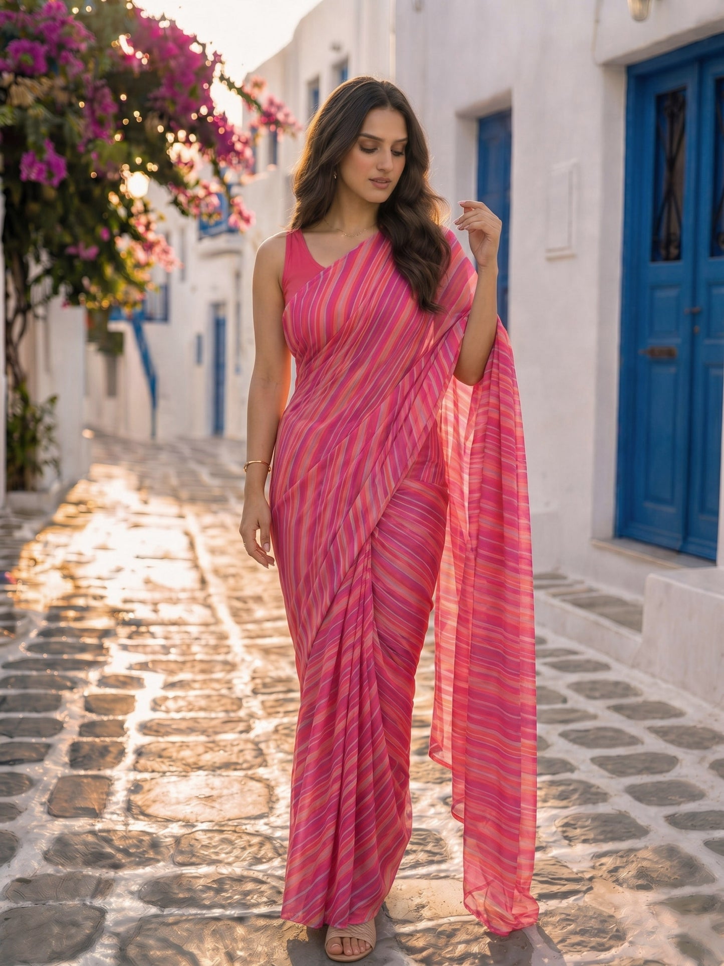 Rouge Waves - Pink Leheriya Pure Chiffon Saree