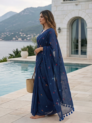 Gardenalia Royal Blue - Embroidered Mulmul Cotton Saree