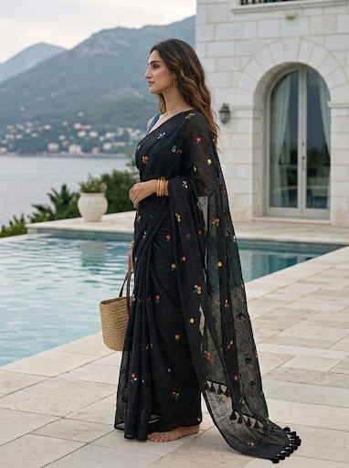 Gardenalia Black - Embroidered Mulmul Cotton Saree