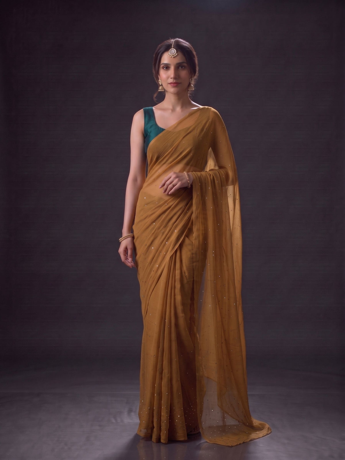 Diva - Olive Green Mukaish Work Pure Chiffon Partywear Saree