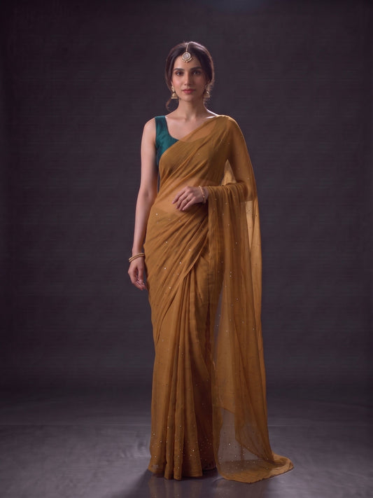 Diva - Olive Green Mukaish Work Chiffon Partywear Saree