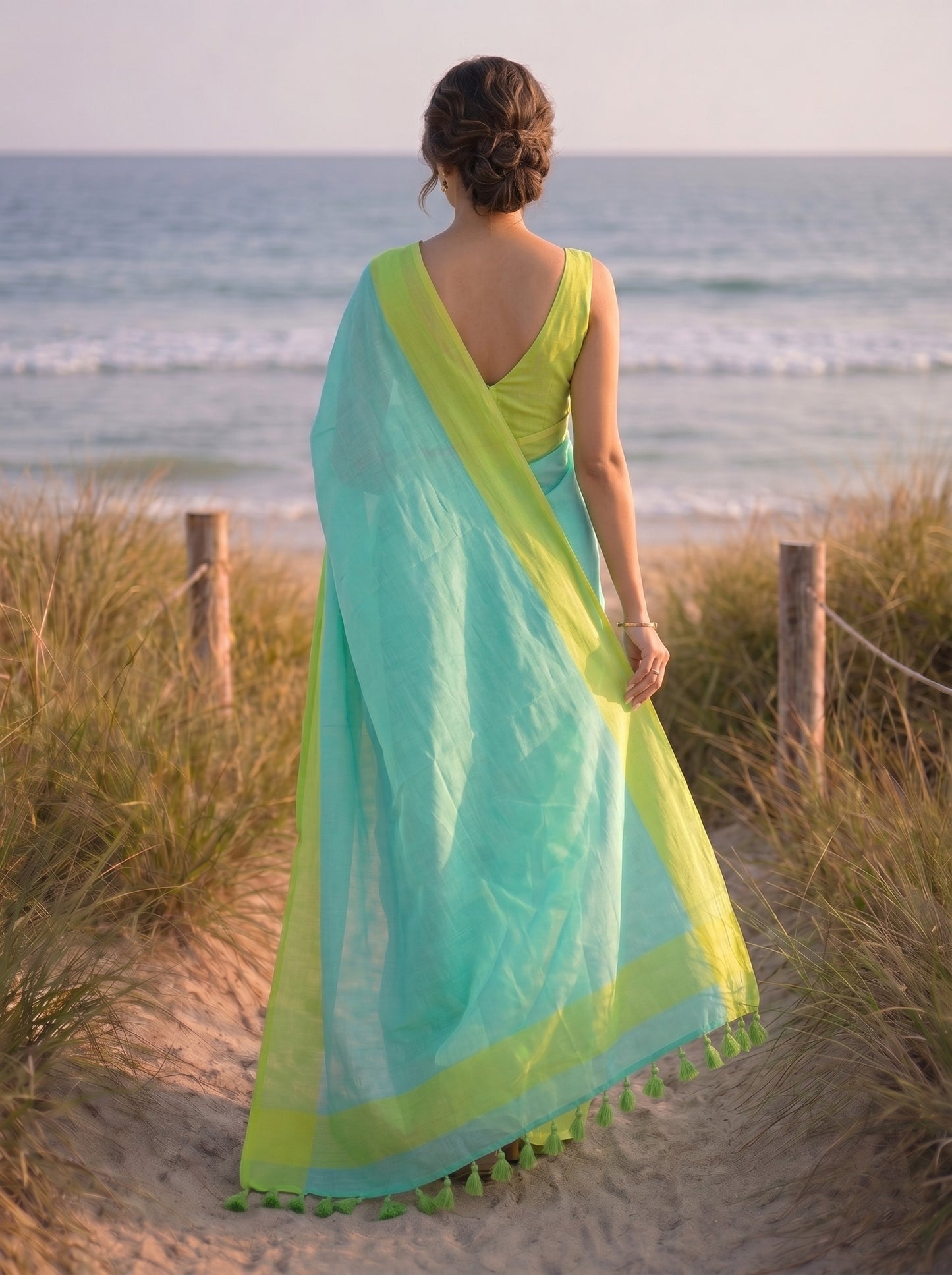Citrus Shift - Turquoise Pure Mulmul Cotton Saree