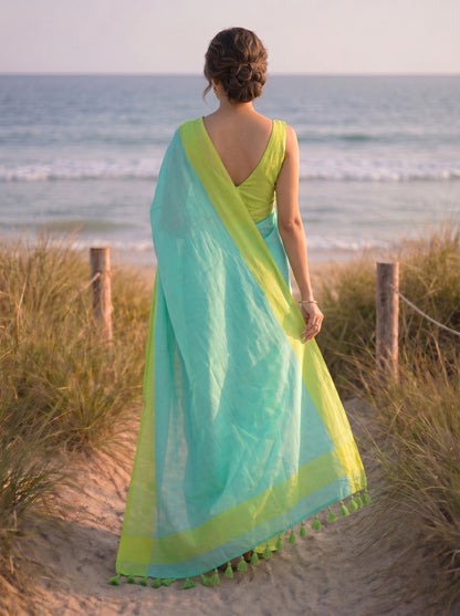 Citrus Shift - Turquoise Pure Mulmul Cotton Saree