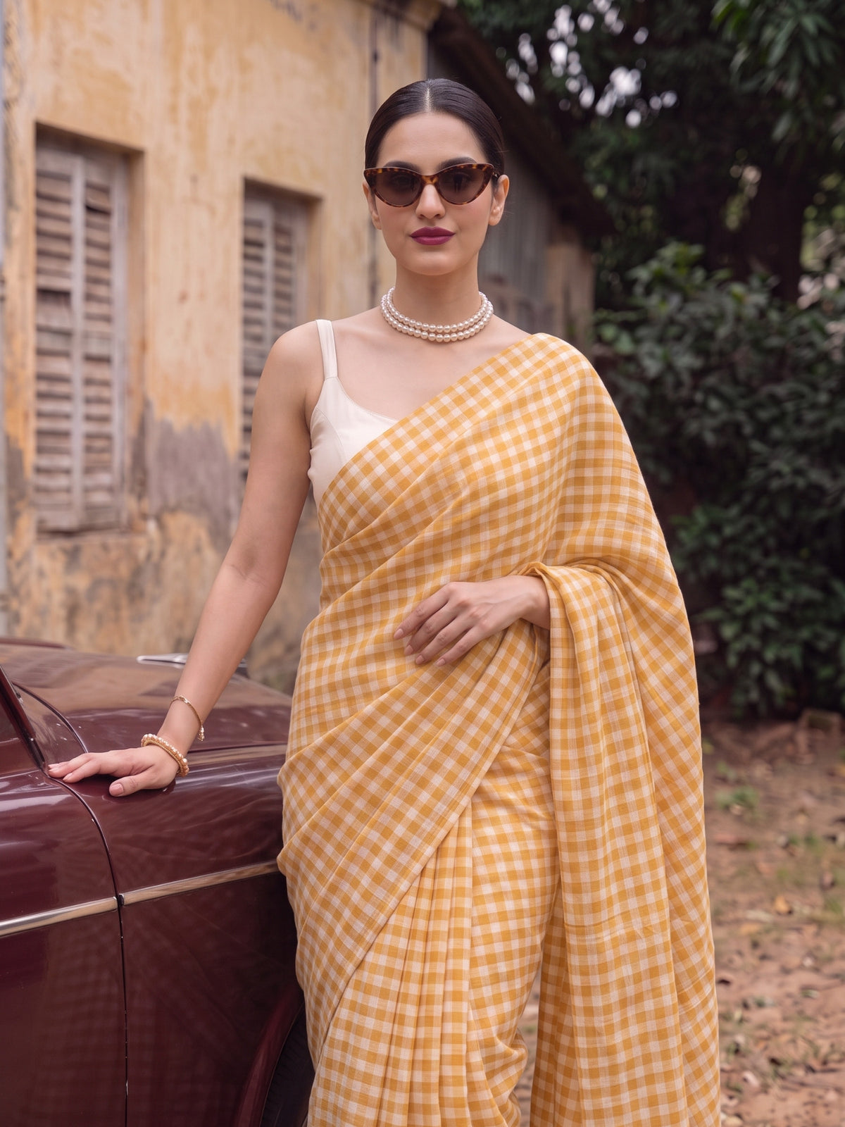 Harvest Sun - Mustard Yellow Gingham Mulmul Cotton Saree