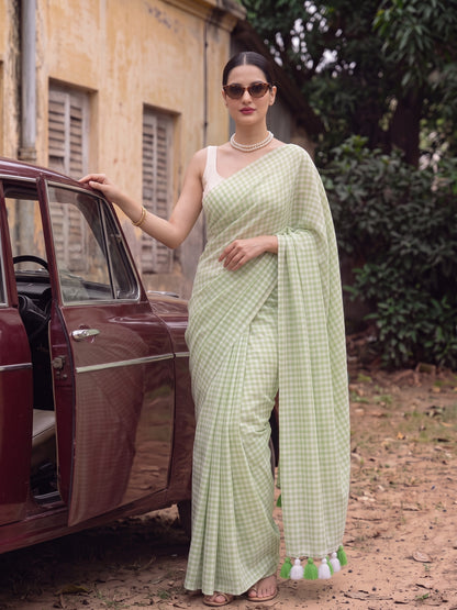 Spring Fern - Pastel Green Gingham Mulmul Cotton Saree