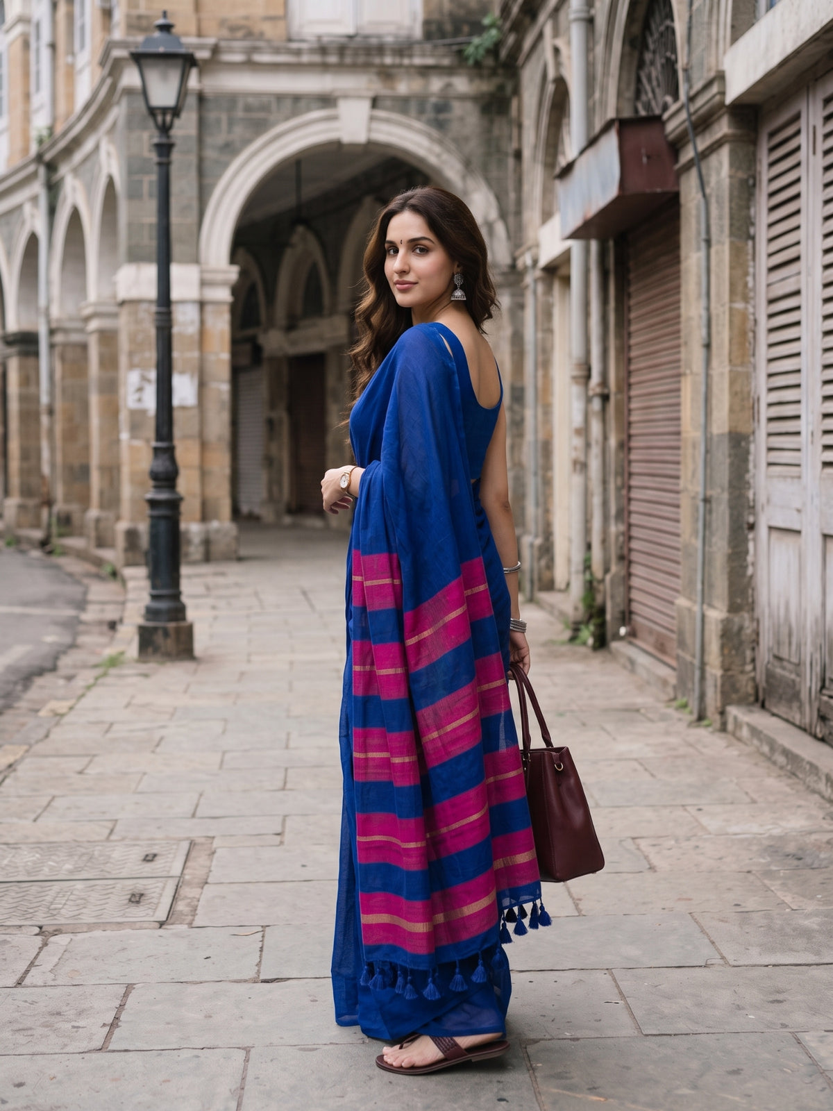 Blue and magenta acrylic cotton saree, Inkstorm by MAYIN