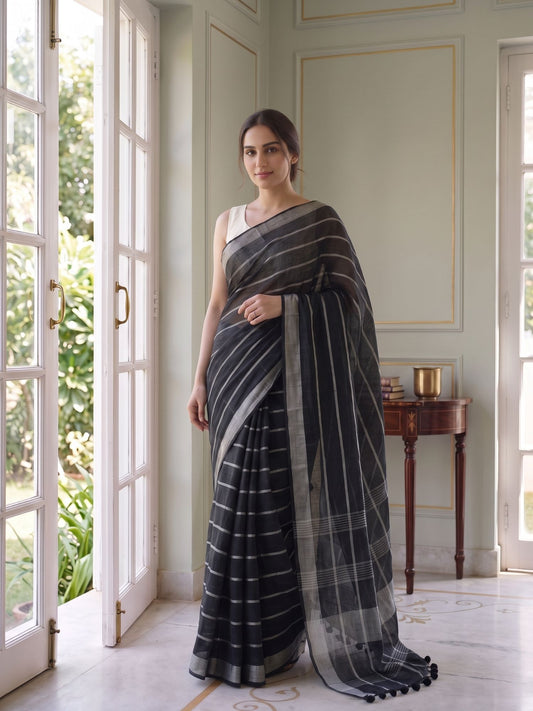 Line Item - Black Striped Pure Handloom Linen Saree with Zari Border