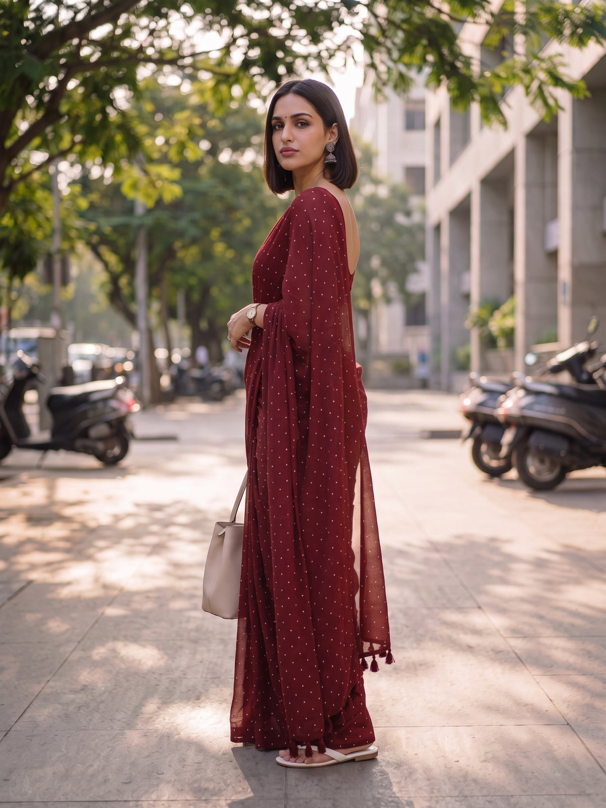 Regal Pin Drop maroon red polka dot modal cotton saree, for office wear