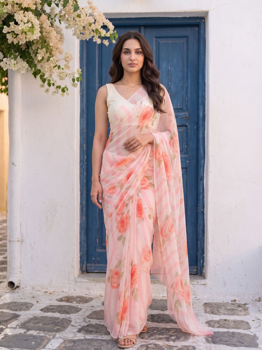 Camilie peach floral print pure chiffon party wear saree from MAYIN India