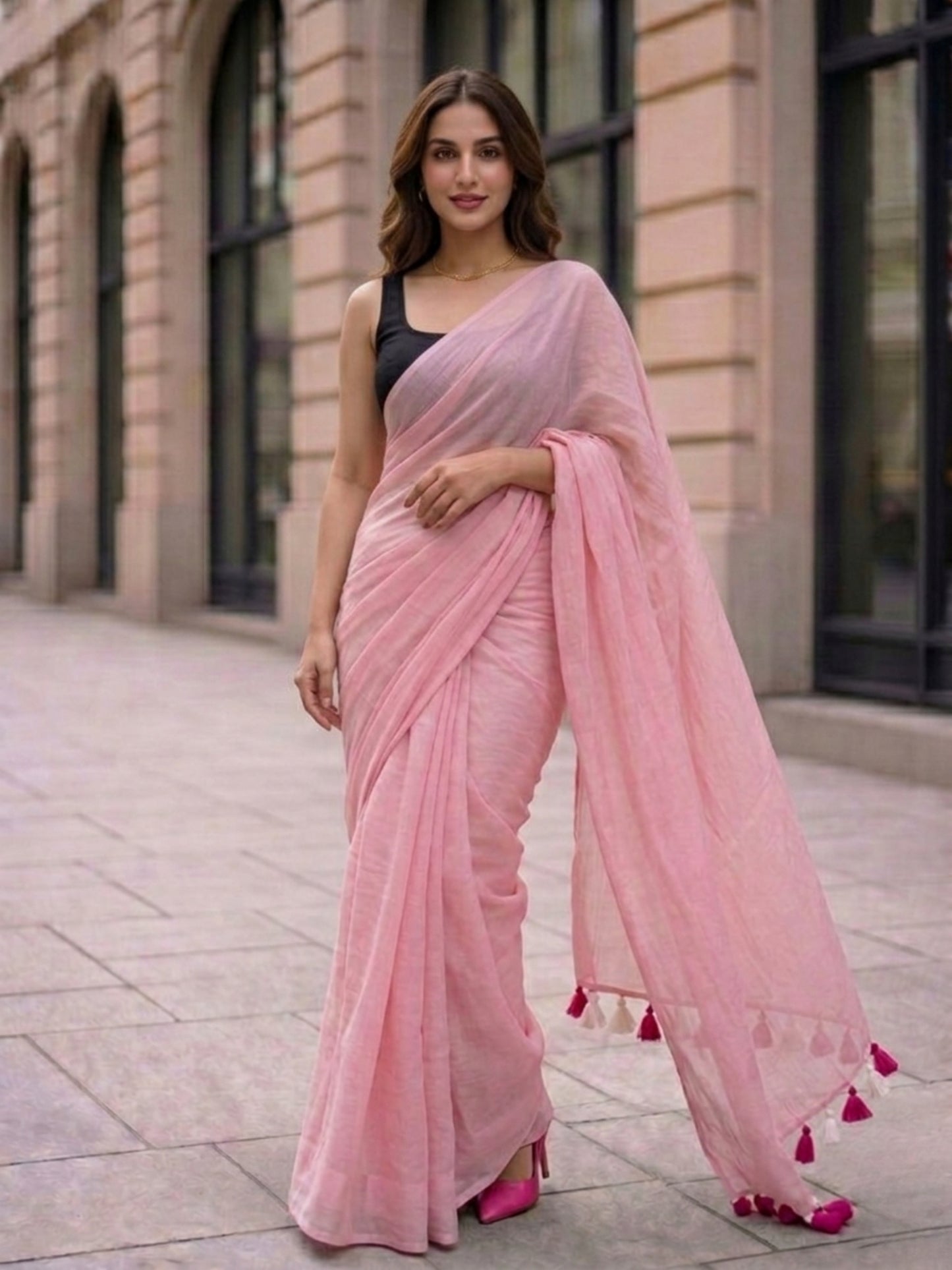 Fairy Tale - Plain Baby Pink Mul Modal Saree