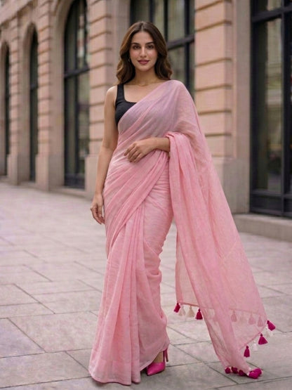 Fairy Tale - Plain Baby Pink Mul Modal Saree