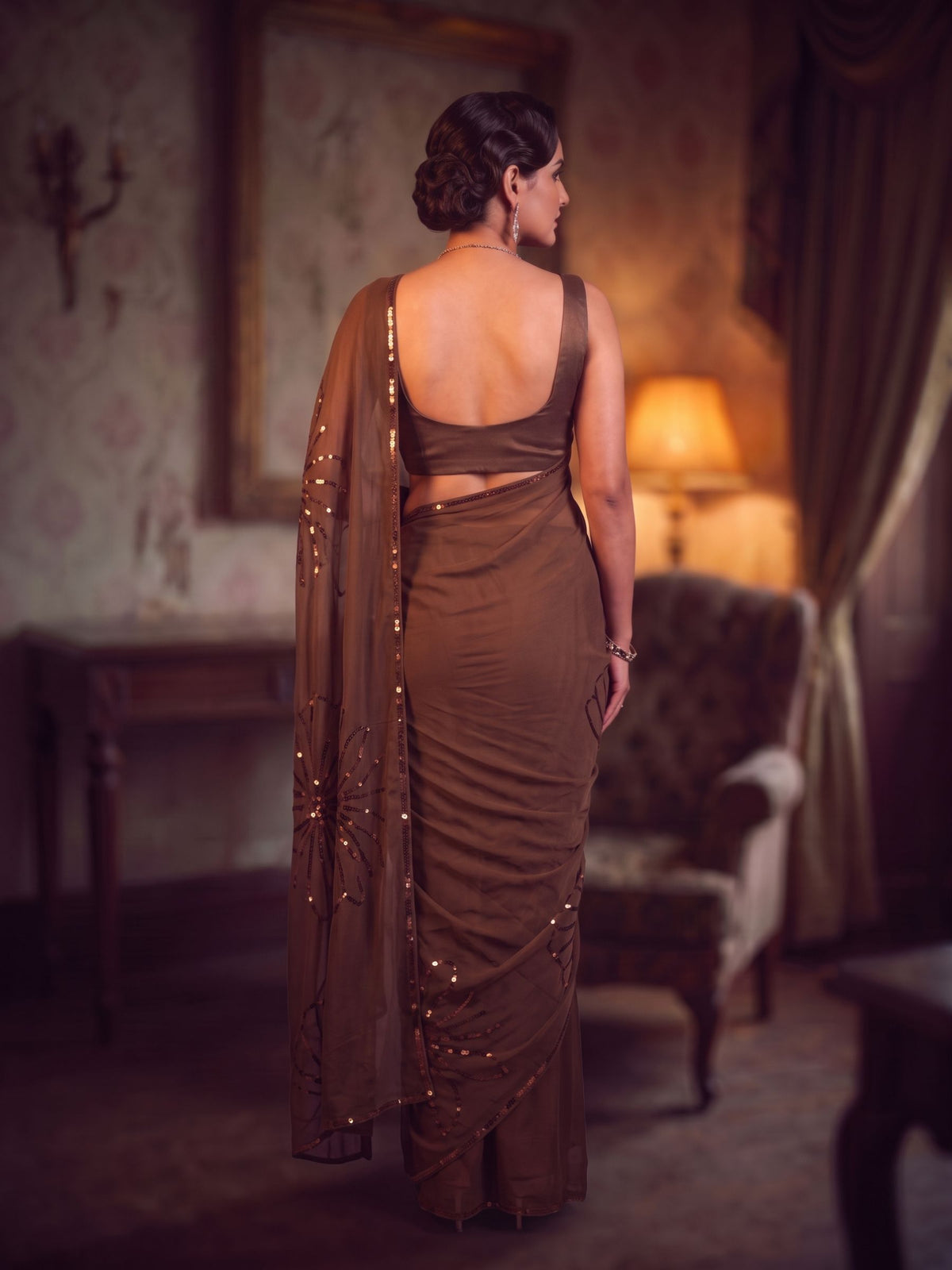 Final Act - Brown Sequin Pure Chiffon Partywear Saree
