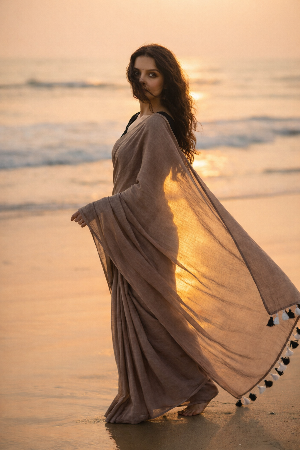 Toasted Almond - Plain Brown Mul Cotton Saree