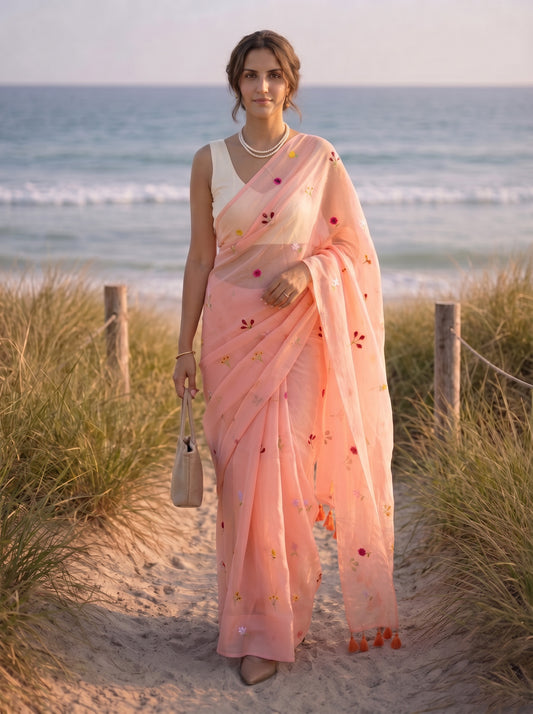 Gardenalia Peach - Embroidered Pure Mulmul Cotton Saree